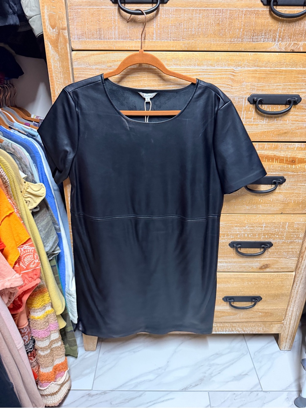 Z Supply Black Faux Leather Short Sleeve Dress